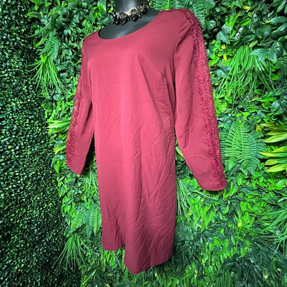 LANE BRYANT Women Dress 18/20 Red Flare A Line Lace Sleeve Round Neckline‎  1023